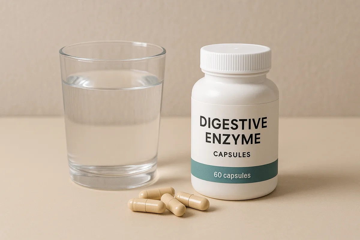 digestive enzyme capsules next to water cup