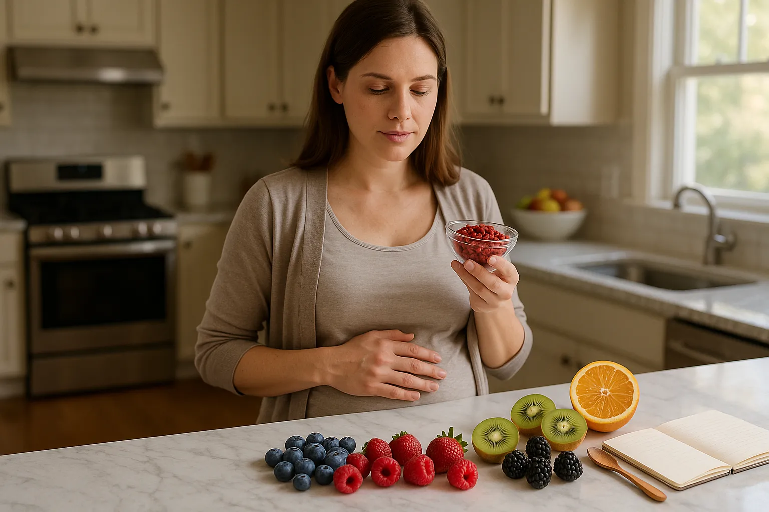 Pregnant woman comparing a small bowl of goji berries with fresh fruit.