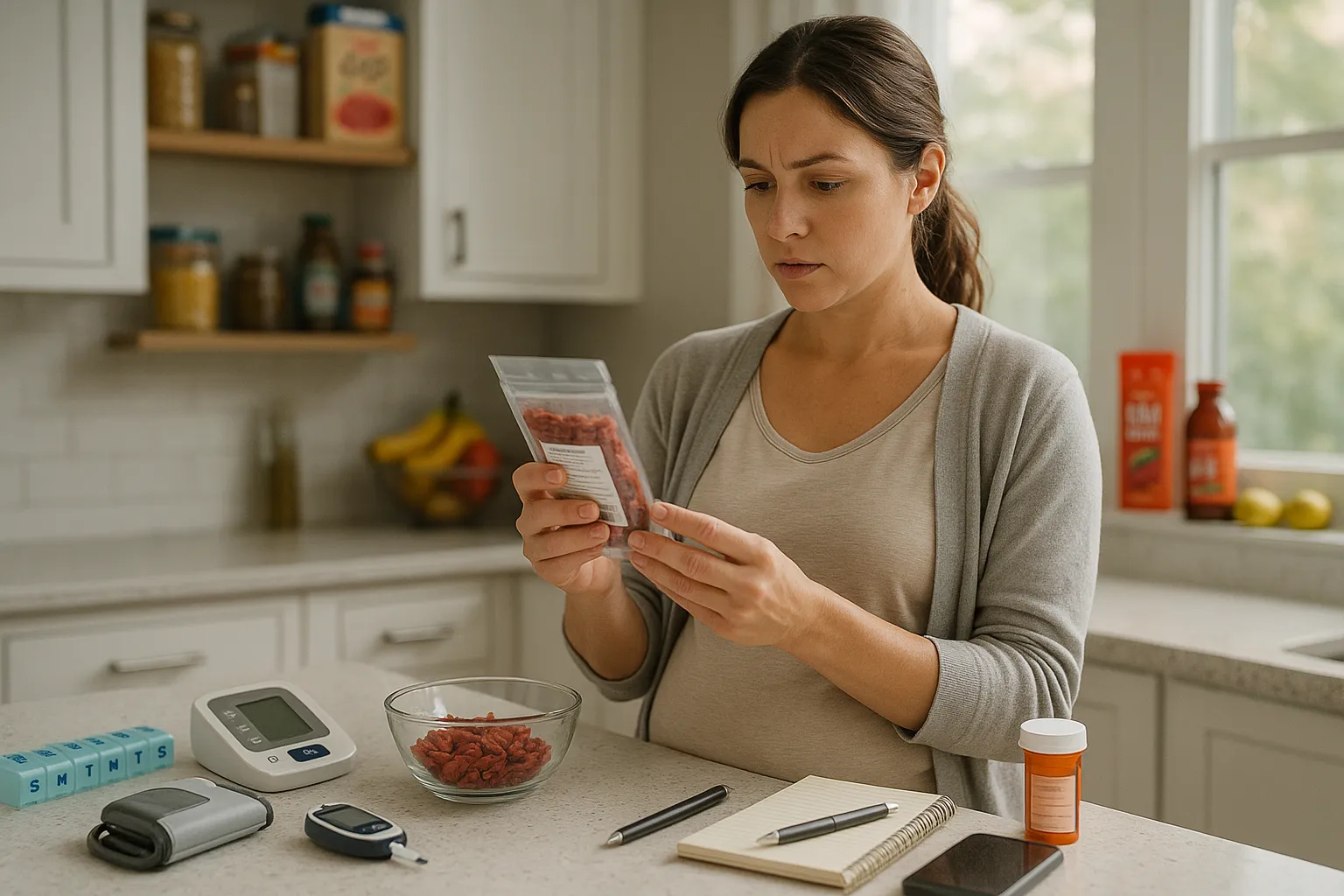 Pregnant woman carefully checking dried goji berries beside medications and health monitors.